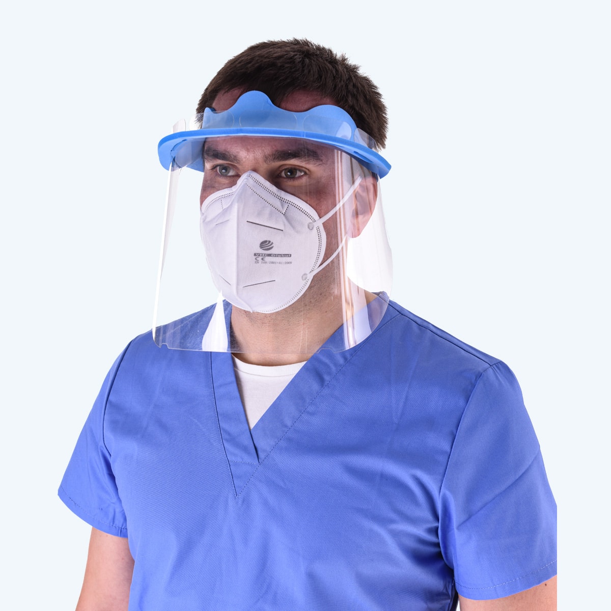 Face Shield. A plastic material that covers all face to protect airways from bacteria. This face shield has a loop over forehead.